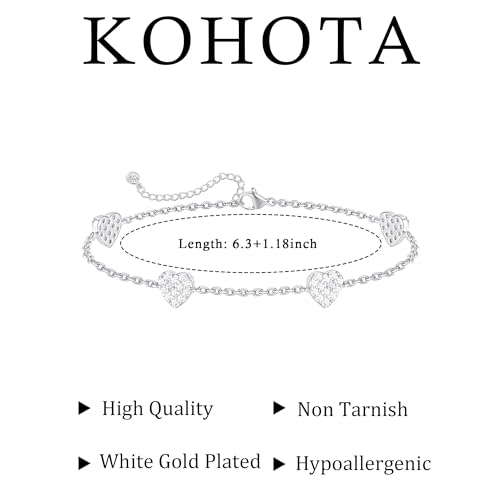 KOHOTA Silver Gold Bracelets for Women Trendy 14K Gold Plated Bracelet for Women Non Tarnish Dainty Stackable Clover Flower Heart Butterfly Diamond CZ Charm Station Bracelets Stack Jewelry Gifts - color: E: Heart-Silver