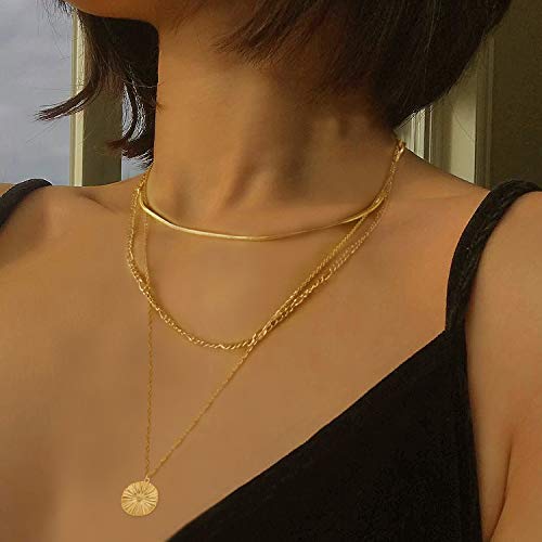 LANE WOODS Gold Plated Necklaces for Women - Multilayer Coin Medallion Pendant Necklace Adjustable Layering Choker Necklaces Chain Set Jewelry - style: Sunburst-Gold