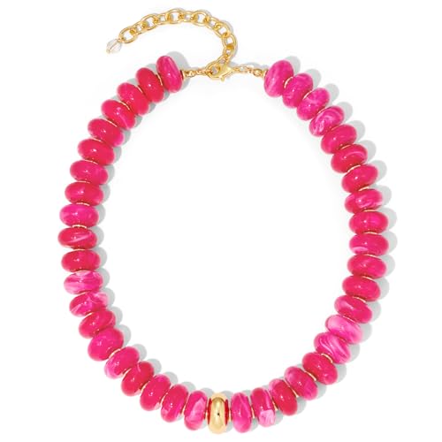 Mothers Day Gifts Chunky Beaded Choker Necklace for Women Statement Necklace with Gold Accent Adjustable Beach Summer Jewelry Trendy Boho Necklaces in Multiple Colors y2k Jewelry - color: Hot Pink