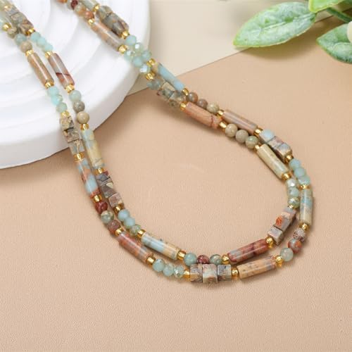 Elisheva Natural Stone Choker Necklace for Women, Boho Natural Emperor Jasper Stone Lace Agate Beaded Crystal Necklace, Gemstone Jewelry Gift for Her - style: 2 layered Shoushan stone