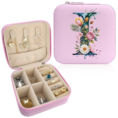 Monogram Jewelry Box Portable Print Jewelry Box, 1pcs Pink Compact Jewelry Box Travel Jewelry Case Travel Case Organizer Bag Storage Box Jewelry Holder For Necklace Earrings Rings Bracelet (Letter I) - color: Letter I