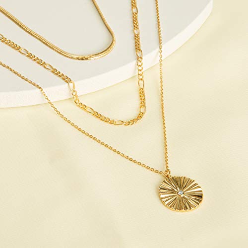 LANE WOODS Gold Plated Necklaces for Women - Multilayer Coin Medallion Pendant Necklace Adjustable Layering Choker Necklaces Chain Set Jewelry - style: Sunburst-Gold