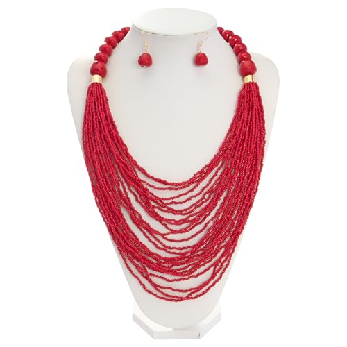 Bocar Necklace for Women, Multi Layer Statement Necklace, Long Chain Chunky Bib Seed Beads Necklace, Necklace Earring Set for Women Gift (NK-10693) - color: Red-set