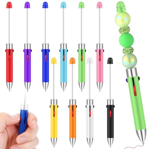 ReliThick 10 Pcs 4 In1 Plastic Beadable Pens Bulk Retractable Bead Multicolor Assorted Inks 4 Color Ballpoint Pens for DIY Graduation Gift Office Teacher Supplies, 10 Colors