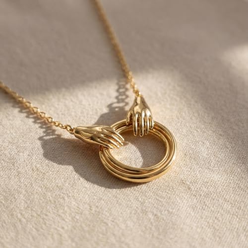 Fettero Dainty Gold Necklace for Women - 14K Gold Plated Hand Pendant Neckalces Gifts for Friends Hand Sign Language Trendy Charm Gesture Necklace Jewelry Gift - style: Circle