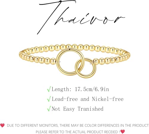 Mothers Day Gifts - Beaded Bracelets for Women 14K Silver Gold Plated Stretch Handmade Ball Bracelets Cute Charm Bracelet Dainty Stackable Cross Heart Bow Wave CZ Circle Trendy Jewelry Easter Gifts - color: double-circle
