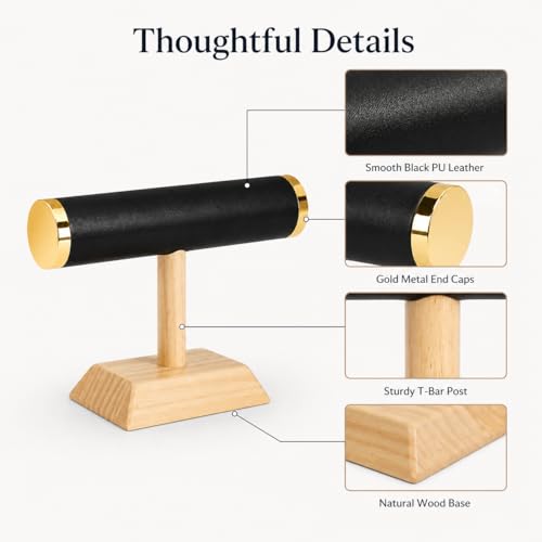 Jewelry Display T-Bar Stand – Elegant Black PU Leather & Natural Oak Wood Base, Space-Saving Organizer for Bracelets, Watches & Bangles - color: Round PU Black