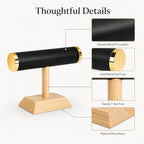 Jewelry Display T-Bar Stand – Elegant Black PU Leather & Natural Oak Wood Base, Space-Saving Organizer for Bracelets, Watches & Bangles - color: Round PU Black