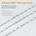 Kyutong Silver Necklace Chain for Jewelry Making Stainless Steel Cable Link Chain Bulk Thin Jewelry Making Supplies Chains with Lobster Clasps Jump Ring for Craft DIY Necklace Ankle Making - color: Silver Lip