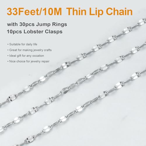Kyutong Silver Necklace Chain for Jewelry Making Stainless Steel Cable Link Chain Bulk Thin Jewelry Making Supplies Chains with Lobster Clasps Jump Ring for Craft DIY Necklace Ankle Making - color: Silver Lip