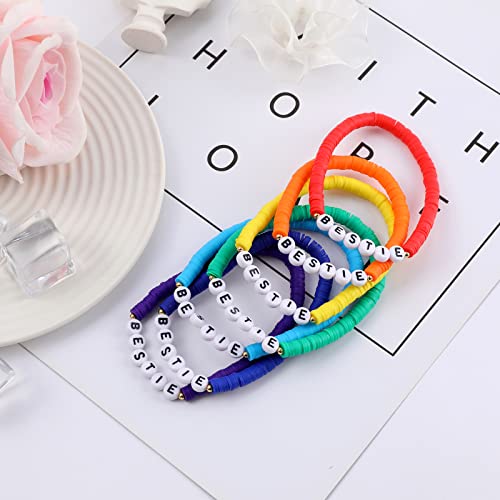 Rainbow Heishi Surfer Bracelets Set for Women Stackable Clay Beaded Bracelets Disc Stretch Preppy Bracelets Layering Colorful Friendship Bracelets Team Cheer Bulk Boho Summer Beach Jewelry Gift - style: BESTIE