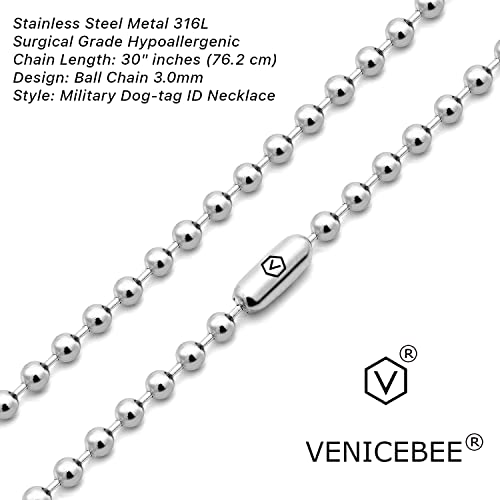 VENICEBEE® Long Stainless Steel Ball Chain Medical Grade 316L Surgical Metal Dog-Tag ID Military Necklace 30" INCHES 3MM Wide Resizable Chain 30 inch + Pouch - HYPOALLERGENIC LEAD-FREE METAL