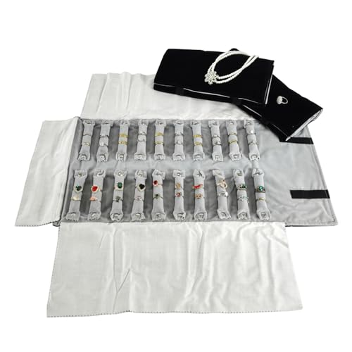 Portable Jewelry Roll Secure Ring Pouch Foldable Rings Case Ideal Ring Holder Case for Travel Enthusiast - color: Black (Gray Velvet inside)