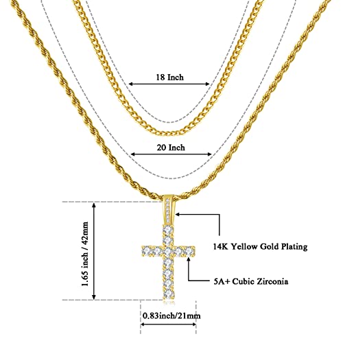 GEMOSA Cross Chain for Men 14K Gold Silver Plated Solid Iced Out 5A+ Cubic Zirconia Stainless Steel Cuban Link rope Layered Chains 16-24 Inch Large Cross Diamond Pendant Nceklace Jewelry Gifts - color: Yellow Gold, size: 18/20 inch