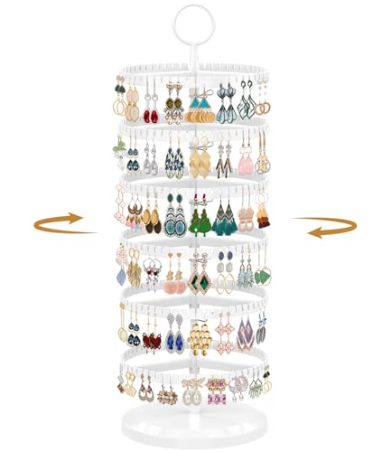 MODOWEY 6 Tier Rotating Earring Holder Organizer, Adjustable Metal and Plastic Stand Tree with 342 Grooves for Stud Hoop Pierced Dangle Display, Decluttered, Space-Saving Storage Rack for Women, White - color: White