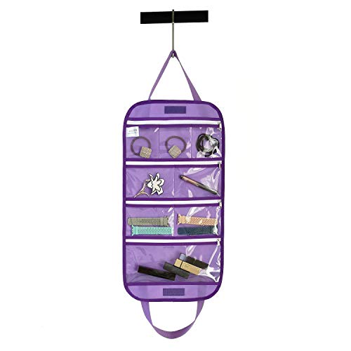 Travel Foldable Jewelry Rolls Bag Storage Pouch Hanging Jewelry Organizer with 8 Zippered Clear Pockets for Earrings Rings Necklaces Bracelets Watchbands (Purple)