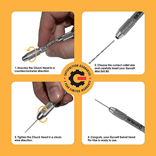Gyros Pin Vise Hand Drill with Swivel Head and Mini Twist Drill Bit Set #50-60 11 Piece Micro Drill Bit Set Professional Bundle for Jewelry Making, Hobby, Crafts and DIY