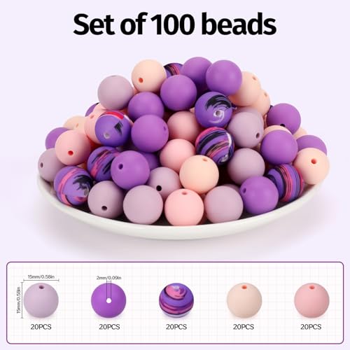 100 Pcs 15mm Silicone Beads for Keychain Making, Pink Gream Silicone Beads Bulk Round for Bracelets Pens Crafts Jewelry Making (Pink Purple) - color: Pink Purple