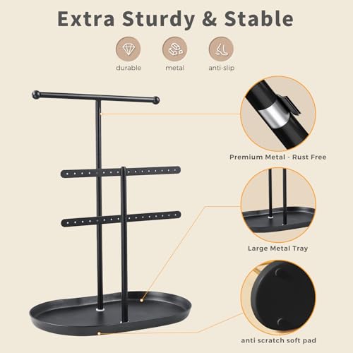 Saydear Elegant Jewelry holder Organizer 2-Tier Display Storage Stand for Earrings Necklaces with Ring Tray Spacious and Durable, Easy to Assemble Black - color: Black