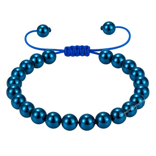 Amazing Gemstone Blue Hematite Bracelet for Women Men's Gifts - Protection Healing Crystal Bracelet - 8mm Gemstone Beaded Adjustable Bracelet Pulseras Para Hombres Mujer Stocking Stuffers - color: Blue Hematite
