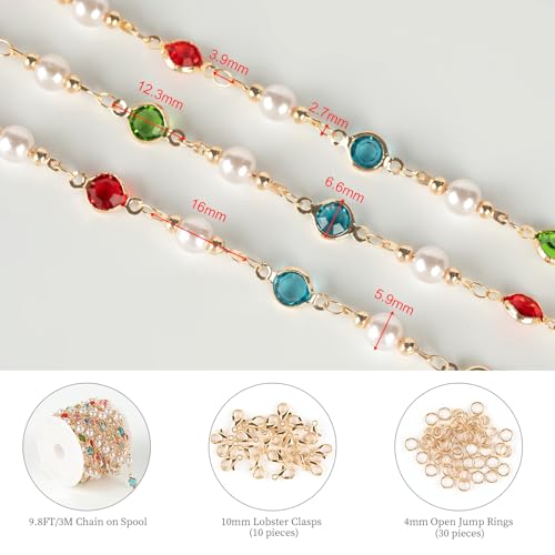 KYUNHOO 3 Meters Pearl Chains for Jewelry Making, Mixed Color Rhinestone Beaded Chains Bulk with Jump Rings and Lobster Clasps for Crafts DIY Supply Findings - color: Gold