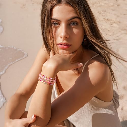 Turandoss Mothers Day Gifts for Daughter Teen Girls Kids - 5PCS 14K Gold Plated Dainty Beaded Bracelet Set Stack, Colorful Letter Charm Stretch Bracelets Beads Ball for Teen Daughter Jewelry Gifts - color: P