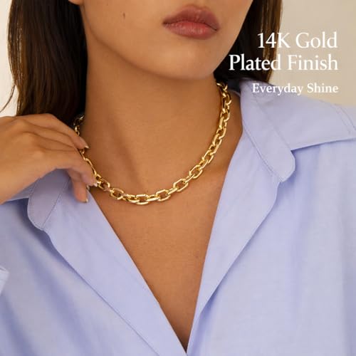 Gold Necklace for Women - Chunky 14K Gold Plated Chain Necklace Cuban Link Paperclip Chain Herringbone Statement Choker Necklace for Women Simple Trendy Jewelry Gifts - style: 10mm-paperclip chain-gd-1