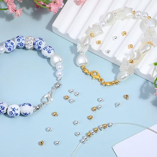 Mabor 40Pcs Crimping Beads for Jewelry Making, Gold & Silver Spacer Jewelry Crimp Beads Metal Stopper Crimp Charms for Bracelet Necklace Ends Accessories
