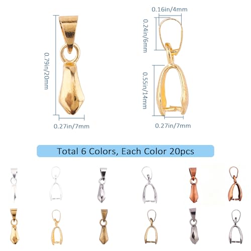 SUNNYCLUE 1 Box 120Pcs Pinch Bails Pinch Clasp Snap on Bails Bulk Dangle Charm Hanging Loop Bead Connector 20x7mm Golden Silver Pendants Clasps for Jewelry Making Supplies Earring Necklace Craft - color: 6 Colors Pinch Bails