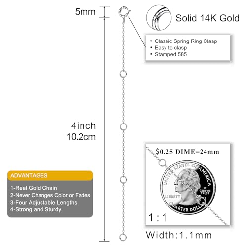 14K Solid Gold Necklace Extender Real Bracelet Extender 2 3 4 Inch Durable Adjustable Chain Gold Anklets Extension for Women 2" 3" 4" (14K White Gold-4 IN) - color: 14K White Gold-4 IN