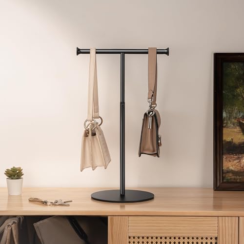niffgaff T Bar Purse Display Stand Tabletop: Adjustable Height Handbag Holder, Countertop Hanging Rack for Long Necklace Scarf Lanyard, Black - color: Black