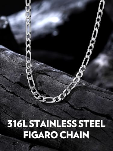 Bandmax Stainless Steel Figaro Chain Necklaces for Men Women, Silver/Gold/Black 4MM/6MM/9MM Flat Italian Style Figaro Link Chains Length 14"-30", Gift Packed - color: 01 4MM-Silver, size: 30 Inch