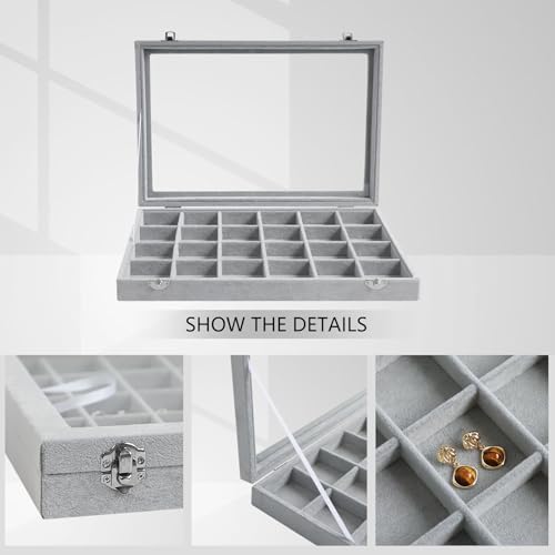 Wudygirl Jewelry Organizer Velvet Jewelry Tray 24 Grid Jewelry Box Earring Holder Organizer Removable Display Case Organizer Glass Top Lid & Lock (24 Grid) - style: 24 Grid Tray