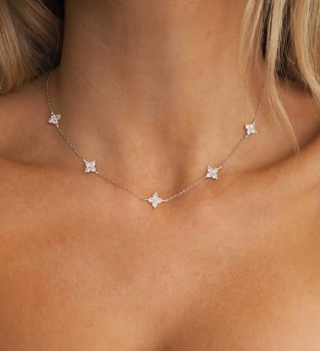 Mothers Day Gifts - Dainty Silver Gold Necklaces for Women Cute Station Choker Simulated Diamond Necklace Simple Layering CZ Necklace Trendy Jewelry Gifts - color: Silver, style: Flower