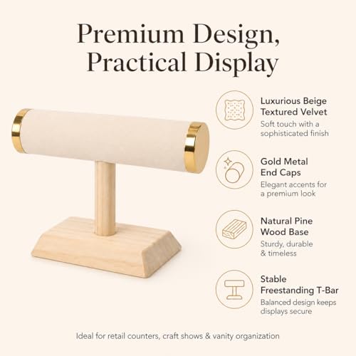 Jewelry Display T-Bar Stand – 9 inch Beige Textured Velvet Bracelet Holder with Gold Metal Ends, 1-Tier Jewelry Organizer with Natural Pine Base, Bangle & Watch Display for Retail & Vanity - color: Beige Textured Velvet