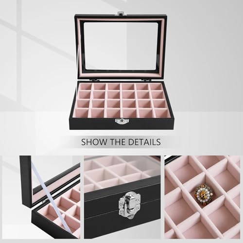 Wudygirl Small Jewelry Box 24 Grid Jewelry Organizer Velvet Jewelry Tray with Clear Lid Earring Holder Organizer Ring Holder Ring Display for Women Jewelry Display Case Drawer Inserts (Pink) - style: Black Pink 24 Grid