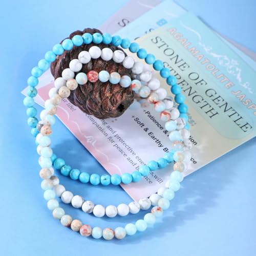 2/3-Pieces 4mm 6mm 8mm Natural Crystal Gemstone – Handmade Reiki Energy Healing Stretch Bracelets Jewelry for Yoga, Meditation, Unisex - color: 3 Pieces (AgalmatoliteJasper&BlueTurquoise&Howlite), size: 4mm