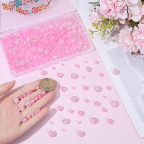 1 Box 450PCS 4/6/8/10MM Pink Crack Beads with Holes Round Glass Crackle Painted Transparent Smooth Small Spacer Loose Bead Bulk for Jewelry Making Necklace Bracelets DIY Crafts Supplies - color: Pink
