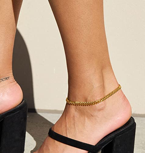 DEARMAY 14K Gold Plated Ankle Bracelets Set for Women Waterproof, Anklets for Women Cuban Link Layered Pack Jewelry Gift - color: Gold Anklet-O