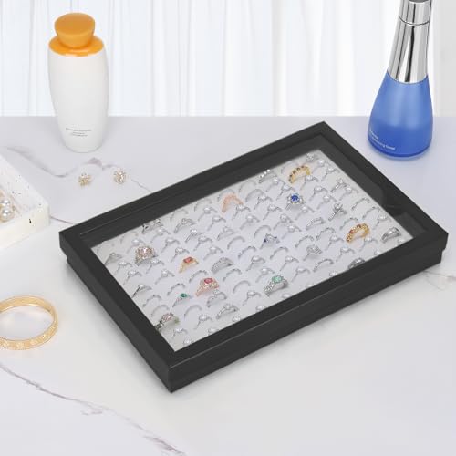 KUKUVR 100 Slots Ring Earring Holder Display Case, Velvet Jewelry Ring Earring Storage Organizer Box Tray with Clear Lid for Women And Selling Show (Black+White) - color: Black+White
