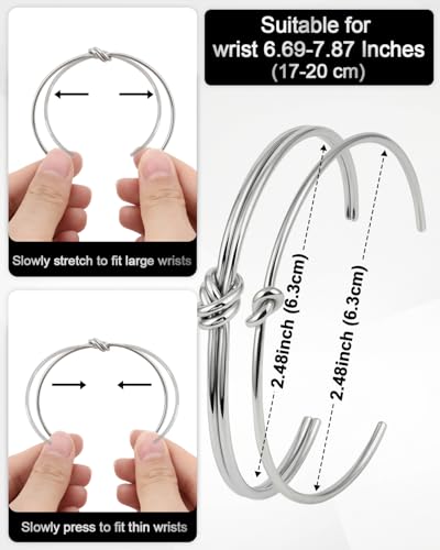 Stainless Steel Cuff Bracelet,Retro Gothic Punk Biker Cool Open Adjustable Cuff Bangle Bracelets Jewelry for Men Silver - style: 2 Pcs Silver Thin Knot