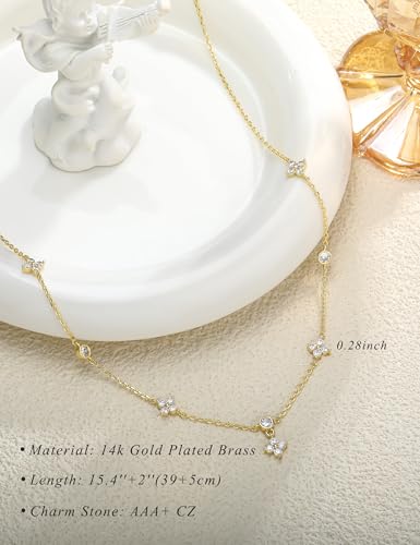 Dainty Gold Necklace for Women Trendy 14K Gold Plated Pearl Cross Clover Butterfly CZ Charm Pendant Chain Station Necklaces Waterproof Non Tarnish Layered Choker Cute Jewelry Gifts - color: G-clover-1