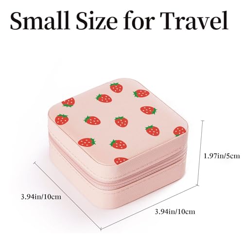 Strawberry Small Travel Jewelry Case with Mirror Portable Pink PU Leather Box Earrings Necklaces Rings Bracelets Storage Organizer Gift for Women And Girls