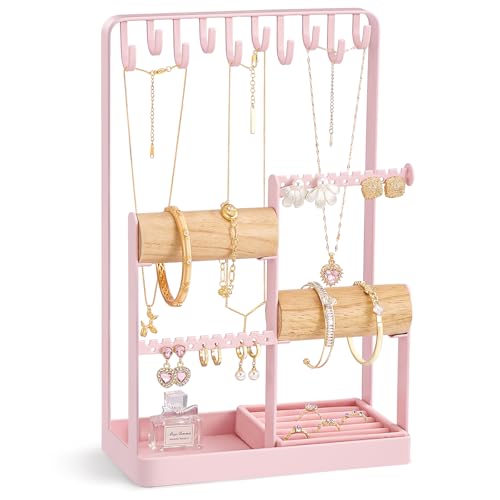 Lolalet Jewelry Holder Organizer, Aesthetic Jewelry Display Stand for Necklaces Bracelets Earrings Rings, Cute Room Décor for Teen Girls Women -Pink - color: Pink