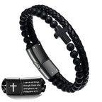 Mens Bracelet Fathers Gifts Day Black Braided Leather Stainless Steel Cross Jewelry Charming Bracelet Embedded with Black Agate Beads,Perfect for Wedding, Parties, and Everyday,Bible Verse Christian Religious Gift(7.5/8.5/9 Inch) - color: A+black+8.5