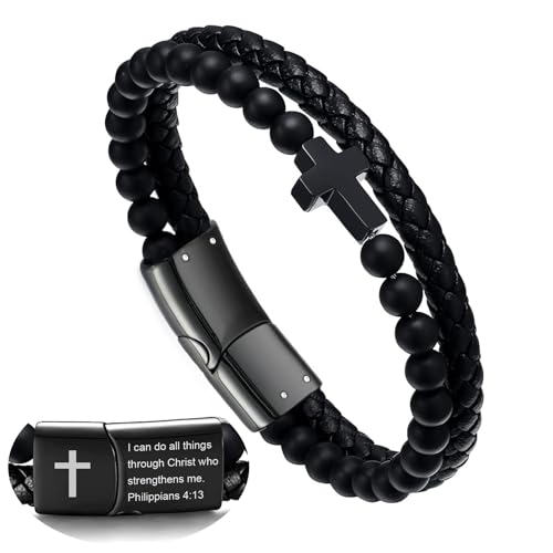 Mens Bracelet Fathers Gifts Day Black Braided Leather Stainless Steel Cross Jewelry Charming Bracelet Embedded with Black Agate Beads,Perfect for Wedding, Parties, and Everyday,Bible Verse Christian Religious Gift(7.5/8.5/9 Inch) - color: A+black+8.5
