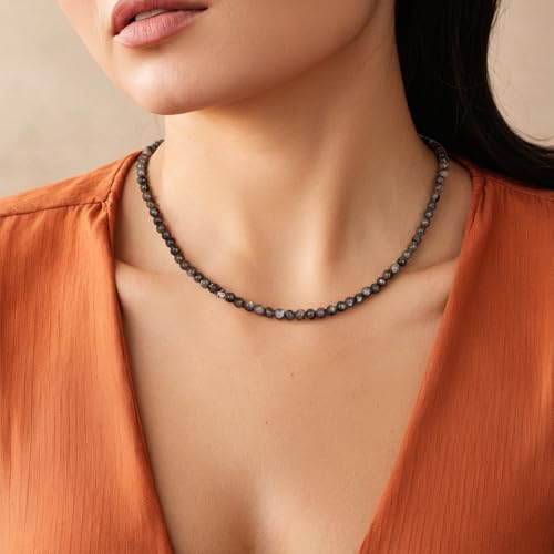 Crystal Choker Necklaces for Women,4mm Handmade Natural Stone Choker Beaded Necklace Healing Crystal Necklace Gemstone Bead Necklaces for Women - color: Larbradorite