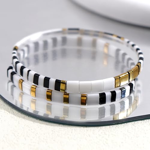Tila Flat Beaded Bracelet for Women,Bohemian Colorful Stretch Square Glass Bead Elastic Layred Bracelet Stack, Handmade Boho Trendy Holiday Jewelry Accessories Friendship Gift - color: Black White