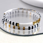 Tila Flat Beaded Bracelet for Women,Bohemian Colorful Stretch Square Glass Bead Elastic Layred Bracelet Stack, Handmade Boho Trendy Holiday Jewelry Accessories Friendship Gift - color: Black White