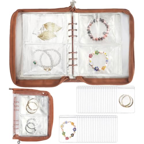 Jewelry Organizer Case Travel Jewelry Storage Bag Clear Jewelry Rolls (Light Brown,With 52 PCS Bracelet Pouches) - color: Light Brown,With 48 PCS Bracelet Pouches